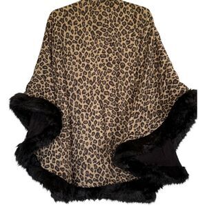 Ivana Leopard Print Poncho OS - Faux Fur Trim, Glam Cape Style
